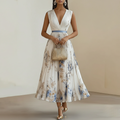 Floral Print Midi Dress for Women - Blue and White Elegant Ceremony Dress for Weddings and Special Events