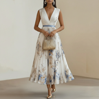 Floral Print Midi Dress for Women - Blue and White Elegant Ceremony Dress for Weddings and Special Events