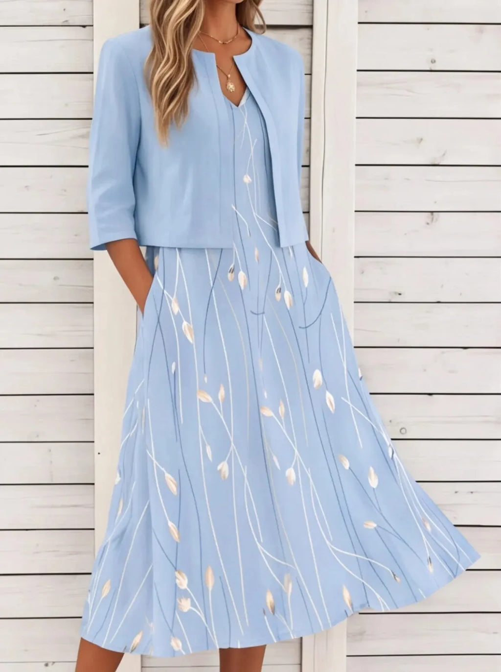Floral Print Two-Piece Midi Dress Women UK – Garden Party Summer Outfit, Wedding Guest