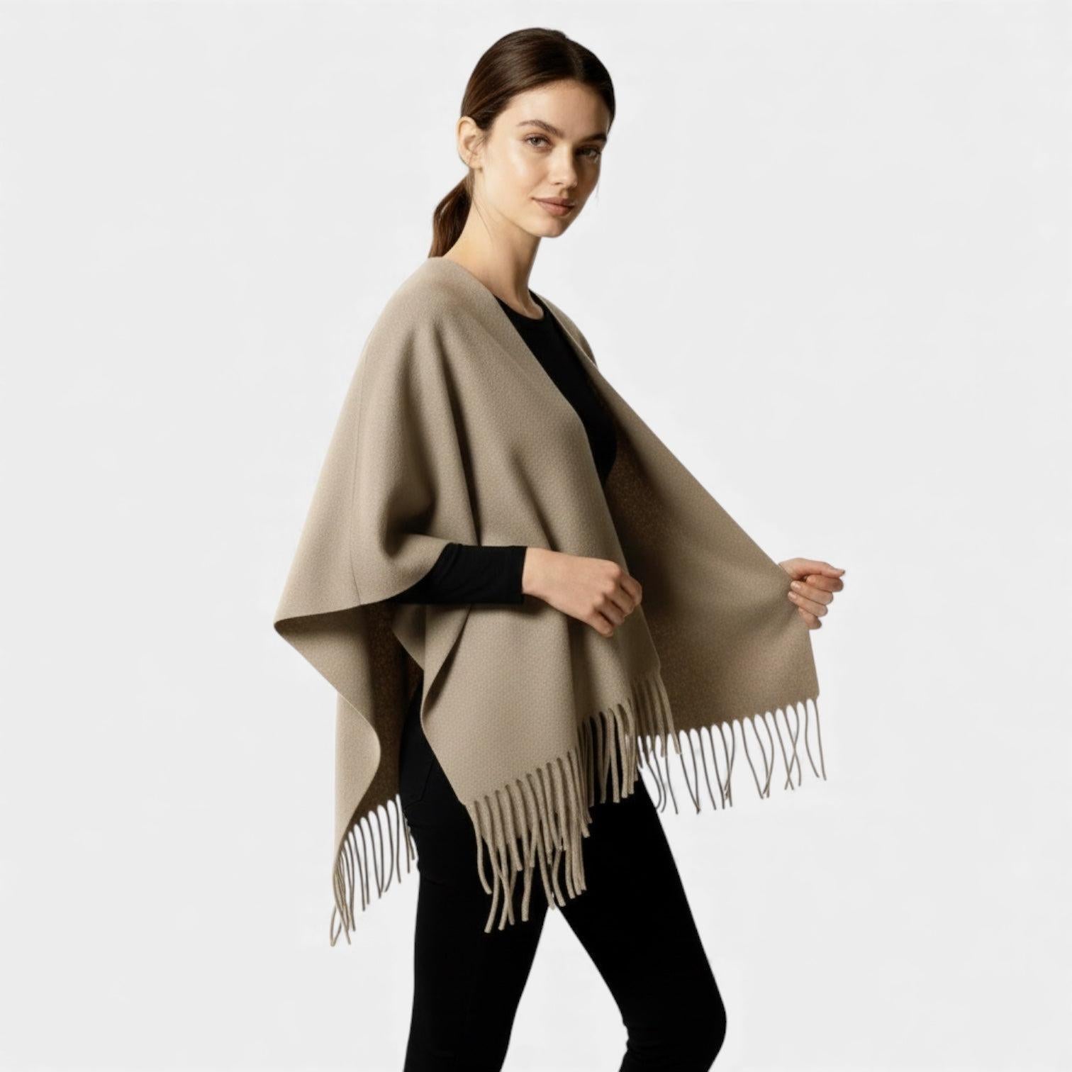 Fringed Women's Poncho Cape Scarf - Soft Knit Fabric - Stylish Layering Accessory for Casual and Outdoor Wear