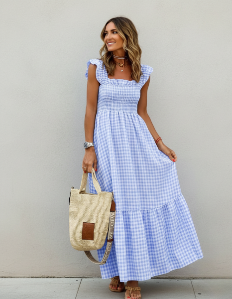 Gingham Maxi Dress in Cotton for Casual Summer Wear