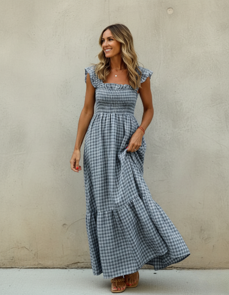 Gingham Maxi Dress in Cotton for Casual Summer Wear