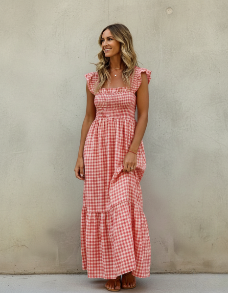 Gingham Maxi Dress in Cotton for Casual Summer Wear