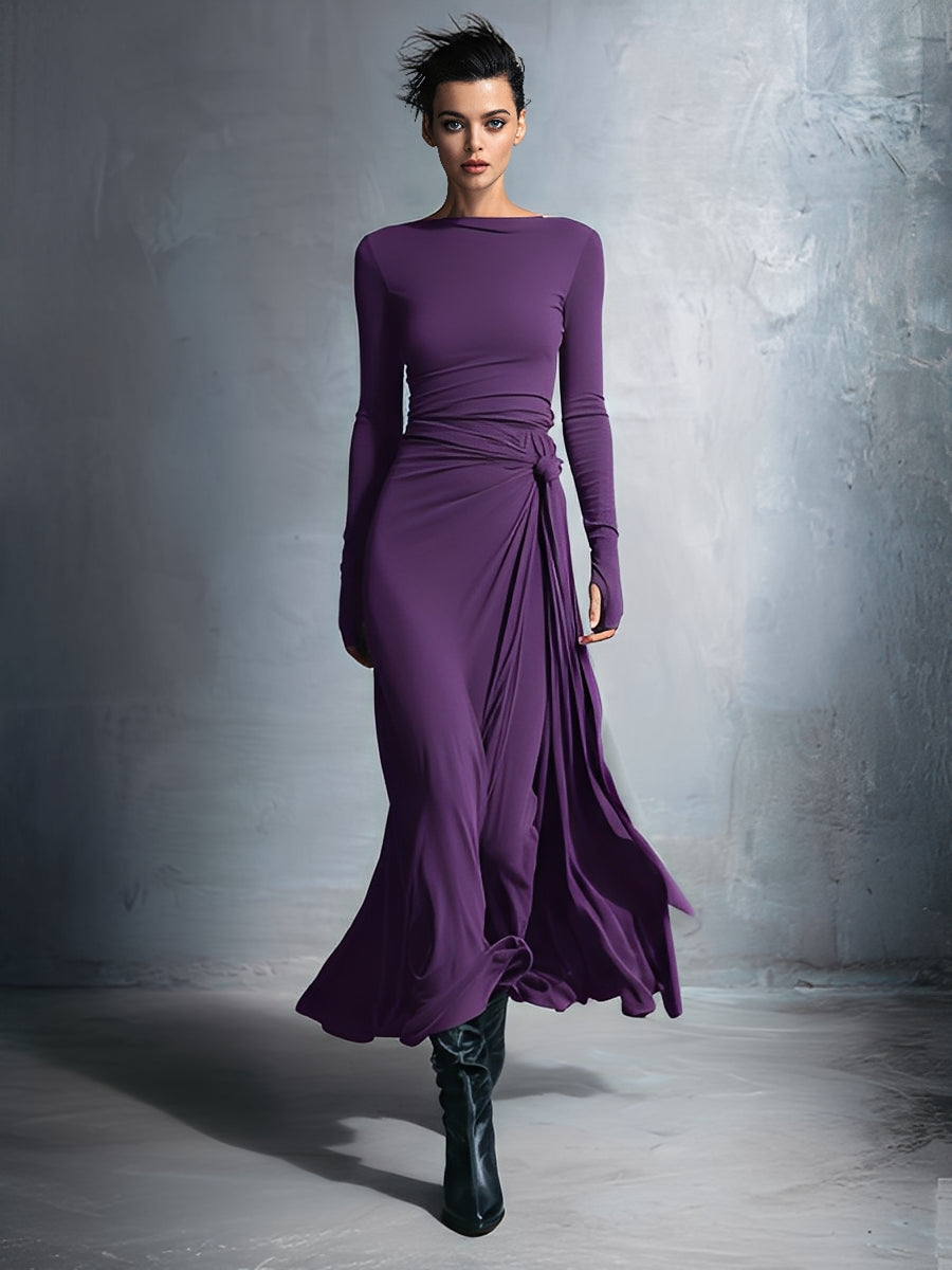 Grey Stretch Blended Fabric Wrap Dress Women UK – Knotted Maxi Dress, Wedding Guest & Cocktail