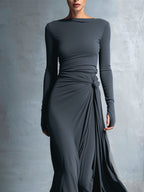 Grey Stretch Blended Fabric Wrap Dress Women UK – Knotted Maxi Dress, Wedding Guest & Cocktail