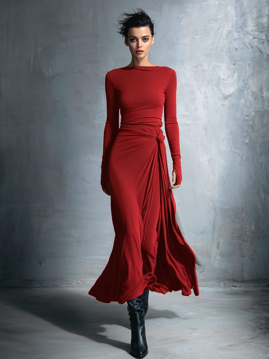Grey Stretch Blended Fabric Wrap Dress Women UK – Knotted Maxi Dress, Wedding Guest & Cocktail