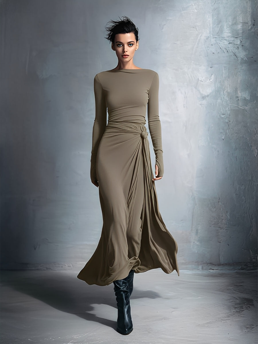 Grey Stretch Blended Fabric Wrap Dress Women UK – Knotted Maxi Dress, Wedding Guest & Cocktail