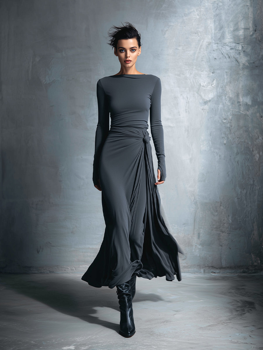 Grey Stretch Blended Fabric Wrap Dress Women UK – Knotted Maxi Dress, Wedding Guest & Cocktail