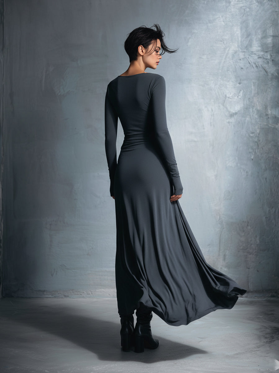 Grey Stretch Blended Fabric Wrap Dress Women UK – Knotted Maxi Dress, Wedding Guest & Cocktail