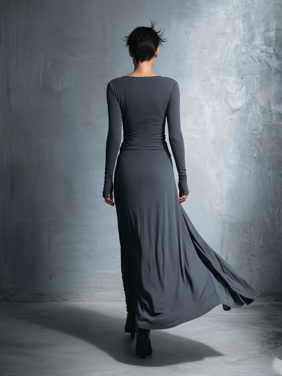 Grey Stretch Blended Fabric Wrap Dress Women UK – Knotted Maxi Dress, Wedding Guest & Cocktail