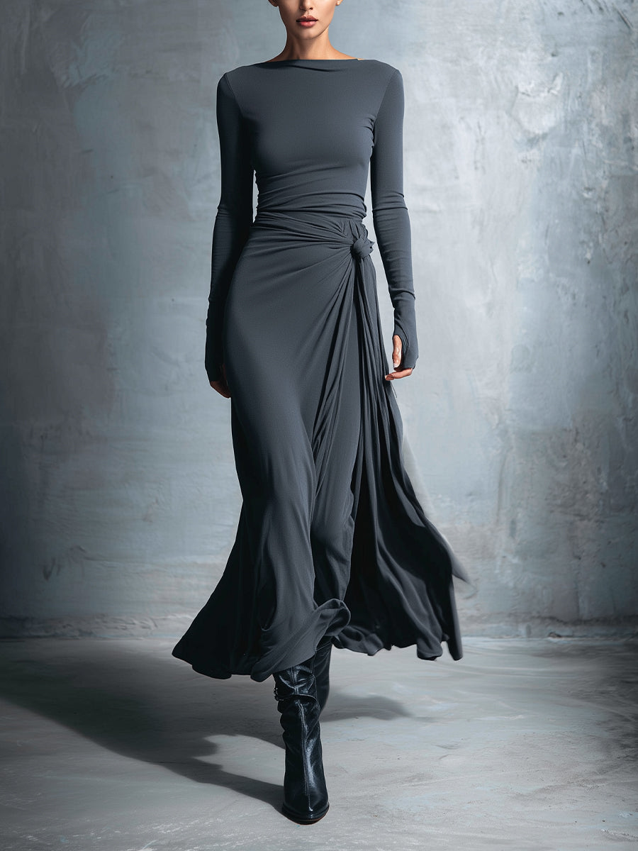 Grey Stretch Blended Fabric Wrap Dress Women UK – Knotted Maxi Dress, Wedding Guest & Cocktail