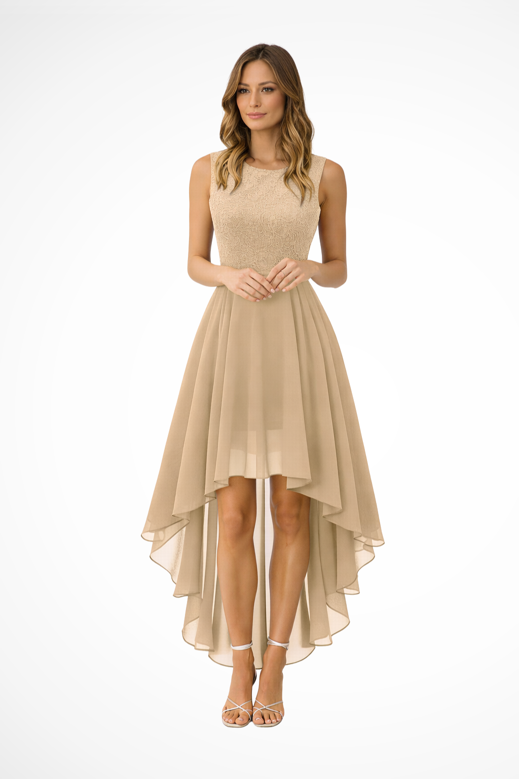 High Low Sleeveless Dress for Women | Wedding Guest Attire in Elegant Fabric
