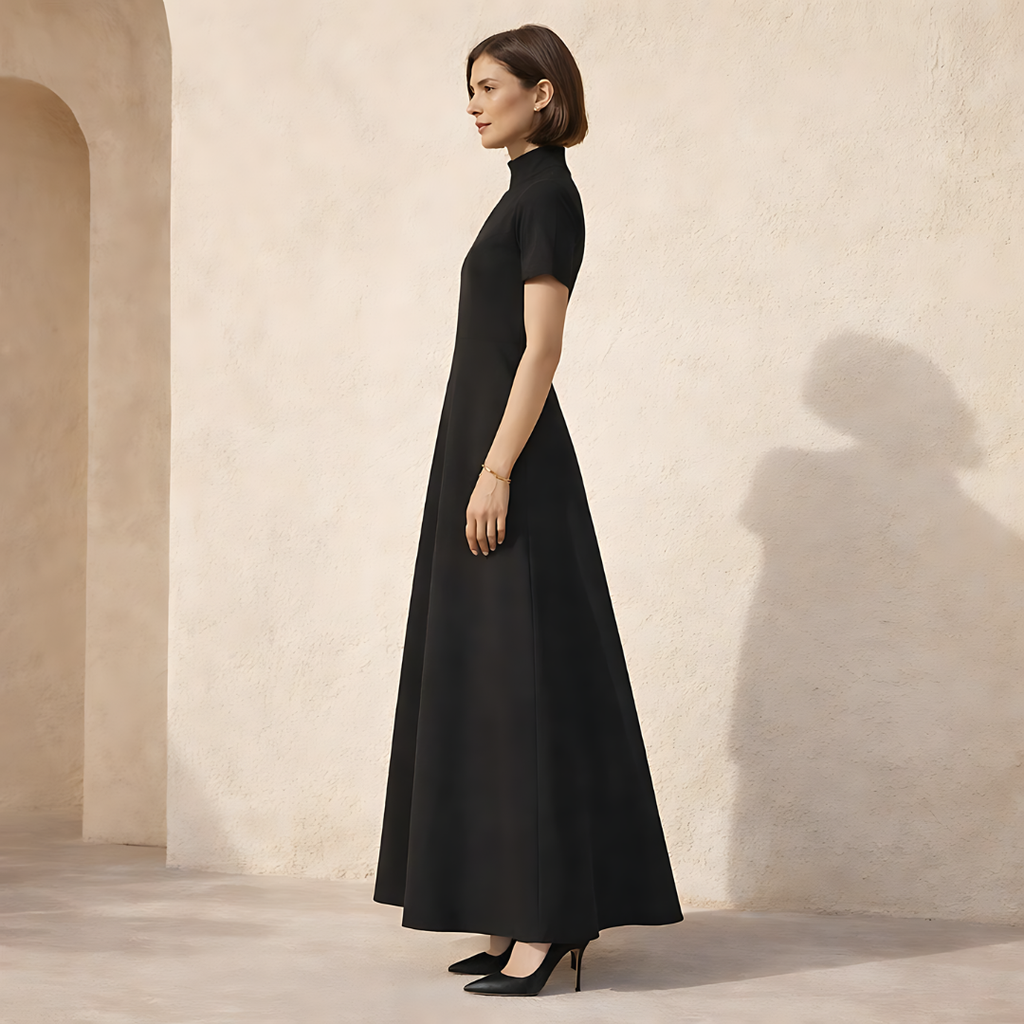 High Neck A-Line Maxi Dress in Soft Fabric with Short Sleeves for Formal Events