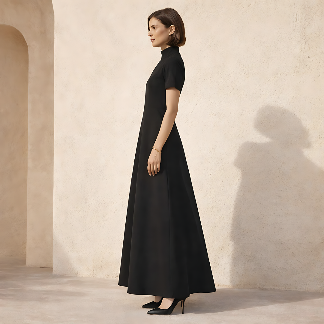 High Neck A-Line Maxi Dress in Soft Fabric with Short Sleeves for Formal Events