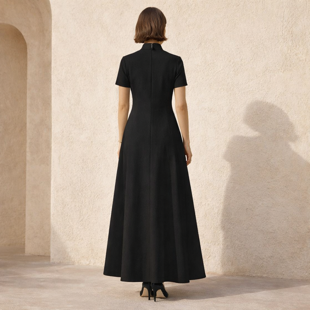 High Neck A-Line Maxi Dress in Soft Fabric with Short Sleeves for Formal Events