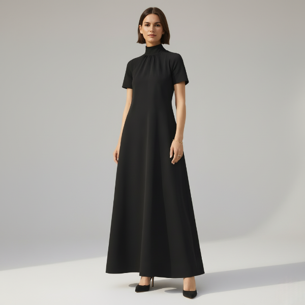 High Neck A-Line Maxi Dress in Soft Fabric with Short Sleeves for Formal Events