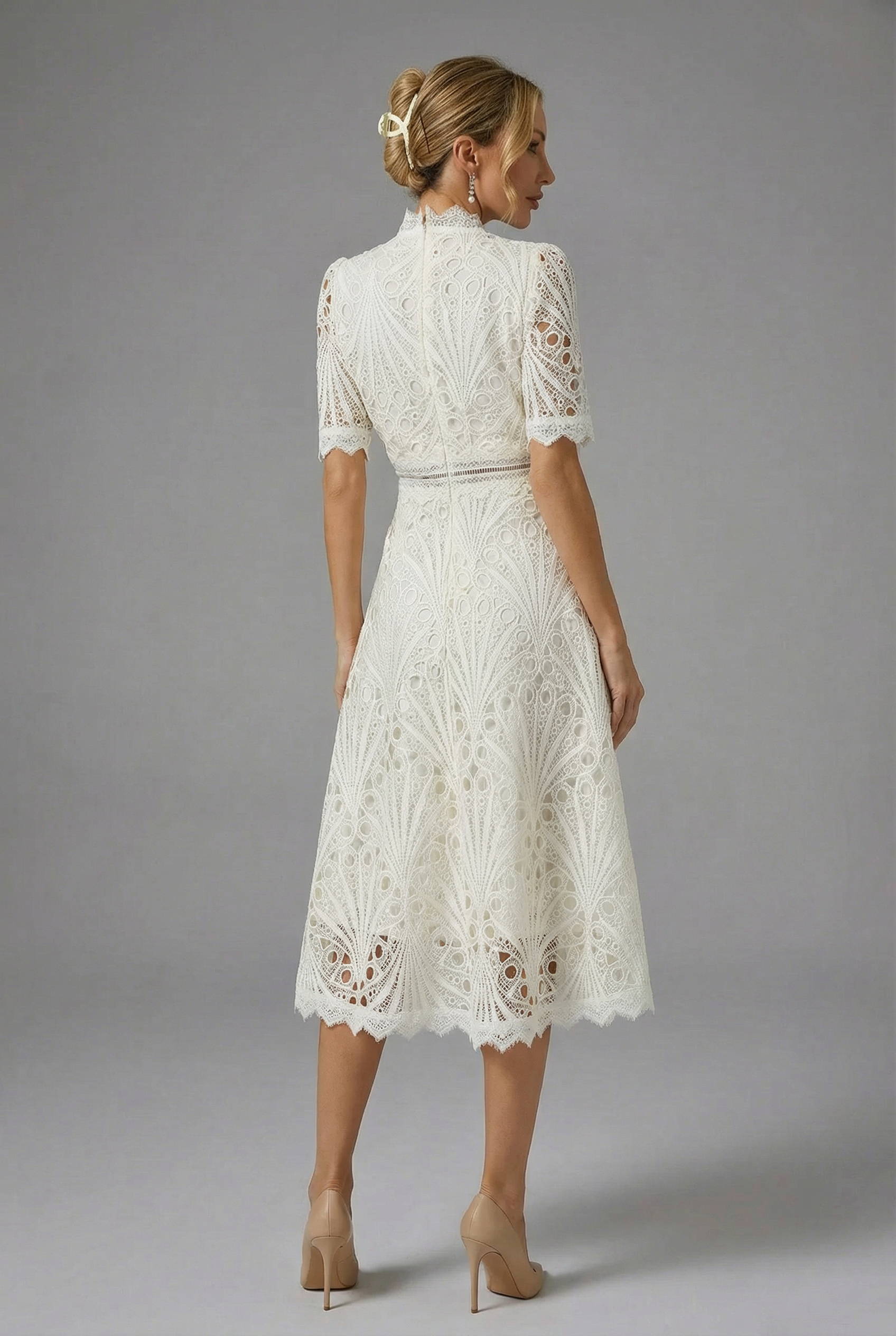 High Neck Lace Midi Dress for Women - Elegant Evening Wear