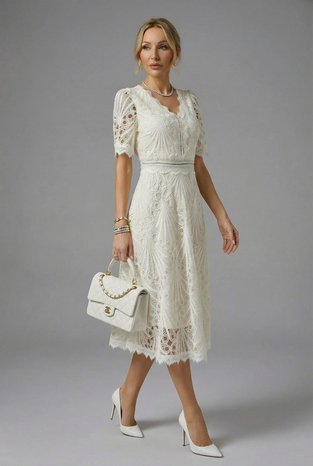 High Neck Lace Midi Dress for Women - Elegant Evening Wear