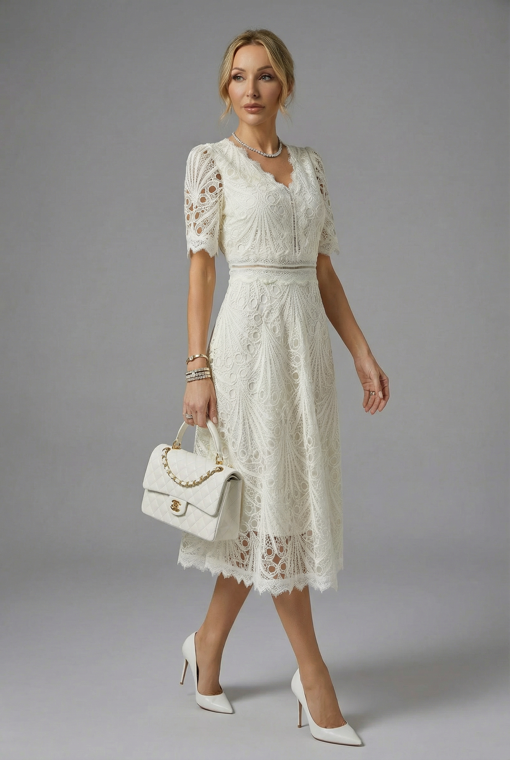 High Neck Lace Midi Dress for Women - Elegant Evening Wear