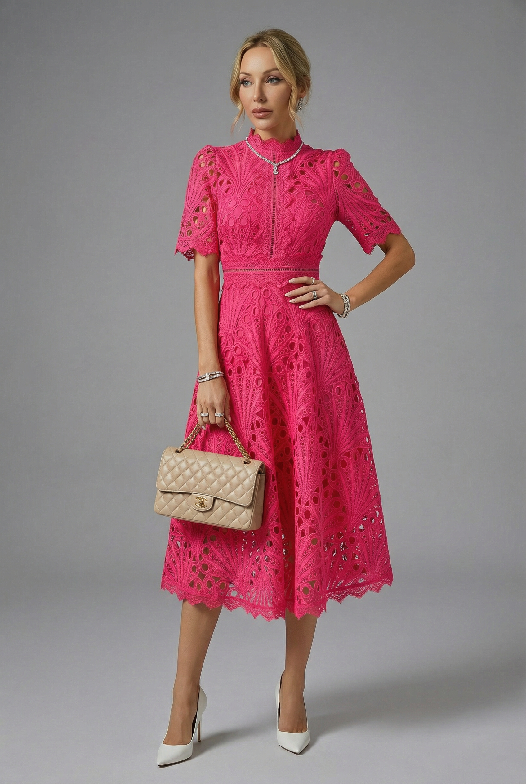 High Neck Lace Midi Dress for Women - Elegant Evening Wear