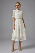 High Neck Lace Midi Dress for Women - Elegant Evening Wear