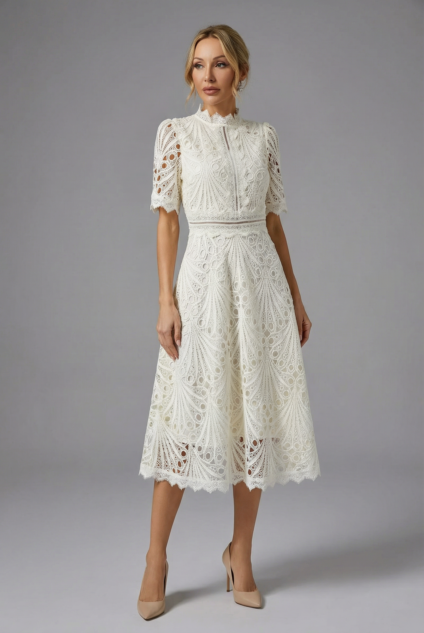 High Neck Lace Midi Dress for Women - Elegant Evening Wear