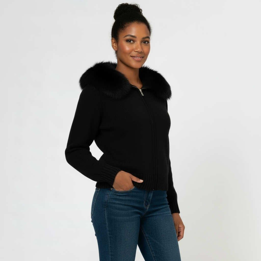 Hooded Faux-Fur Cardigan for Women - Soft Knit Zip Jacket for Casual Wear