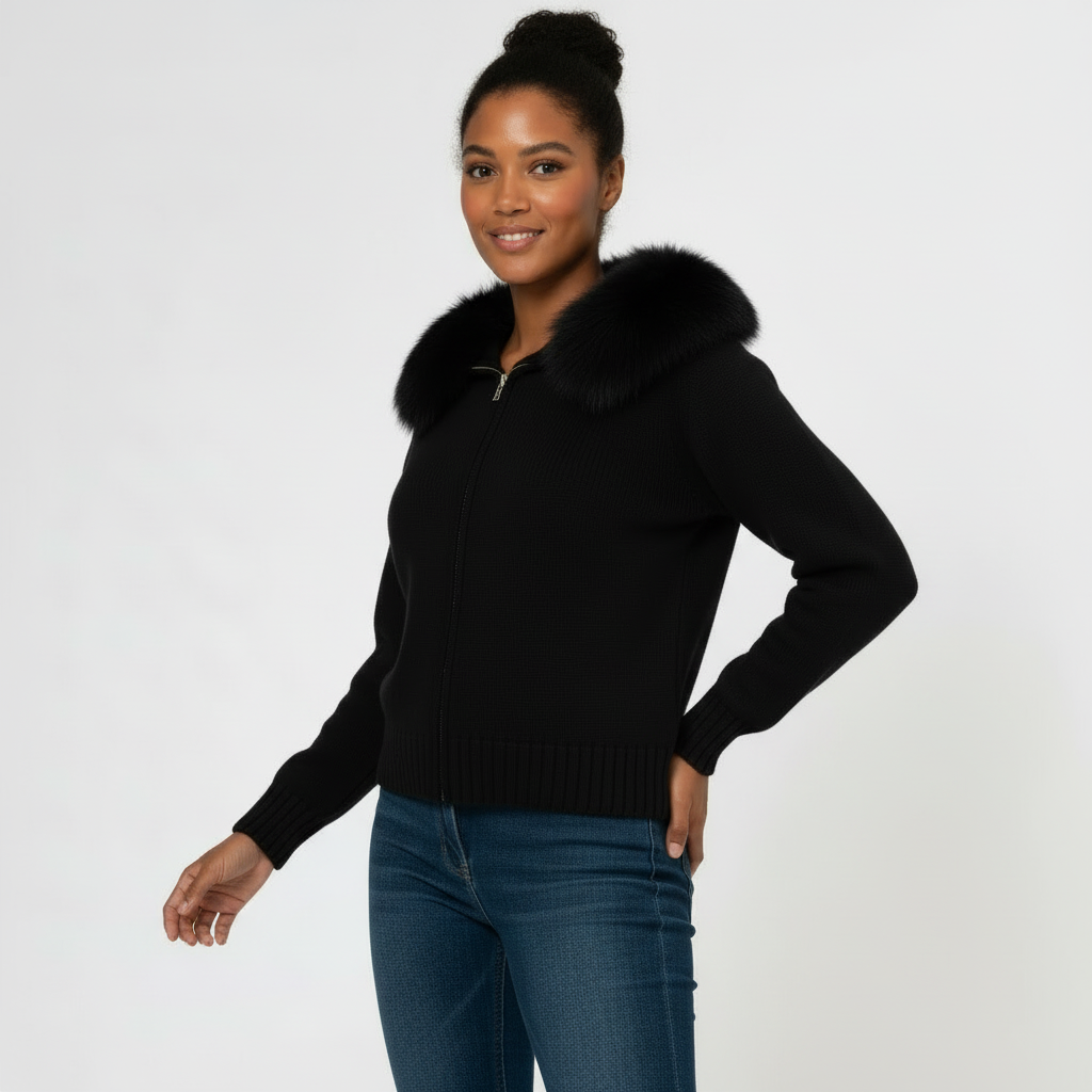 Hooded Faux-Fur Cardigan for Women - Soft Knit Zip Jacket for Casual Wear