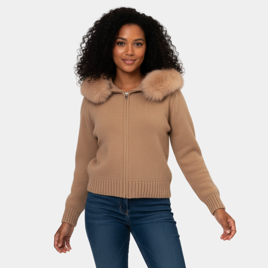 Hooded Faux-Fur Cardigan for Women - Soft Knit Zip Jacket for Casual Wear