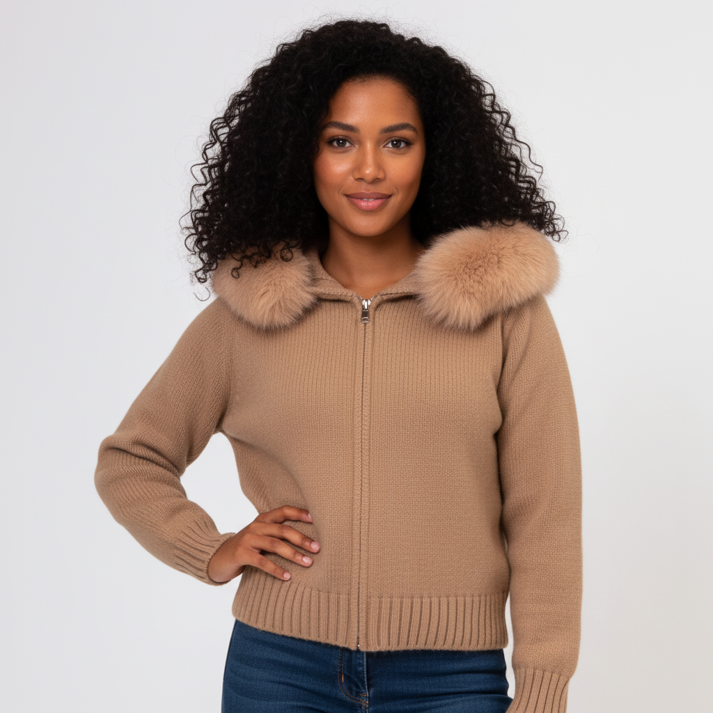 Hooded Faux-Fur Cardigan for Women - Soft Knit Zip Jacket for Casual Wear