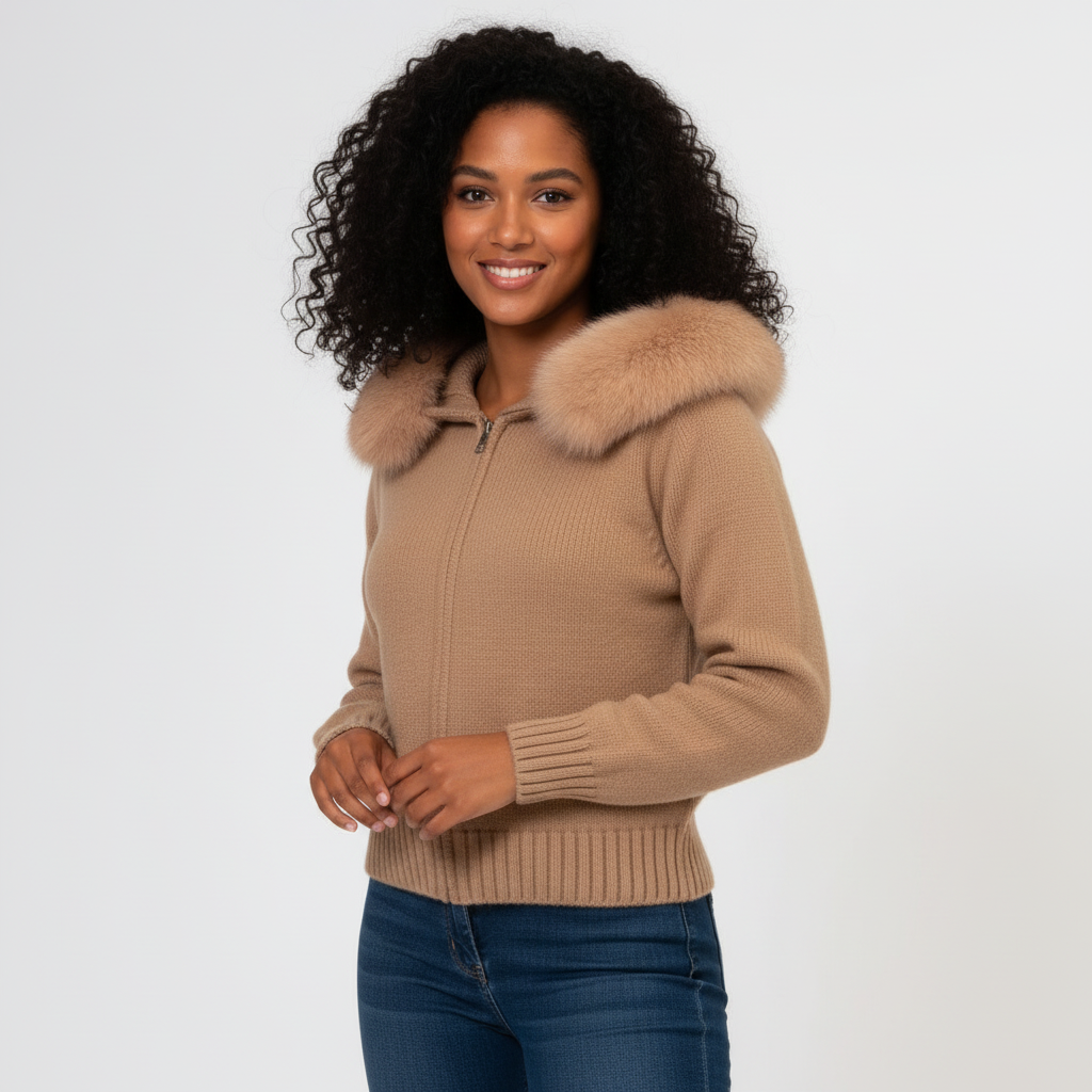 Hooded Faux-Fur Cardigan for Women - Soft Knit Zip Jacket for Casual Wear
