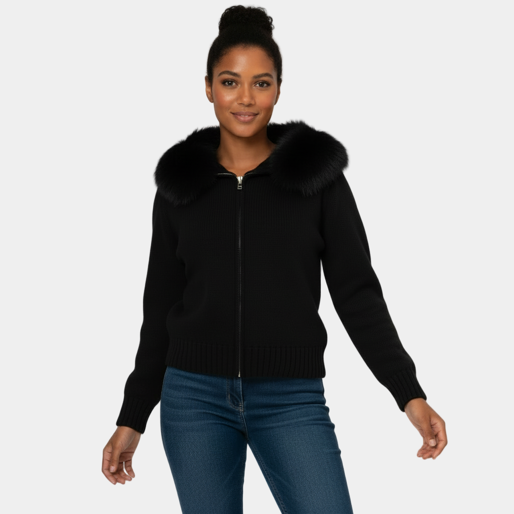 Hooded Faux-Fur Cardigan for Women - Soft Knit Zip Jacket for Casual Wear