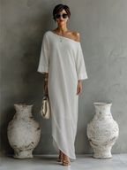 Ivory White Cotton-Linen Blend One-Shoulder Dress Women UK – Wedding Guest Garden Party Evening Gown