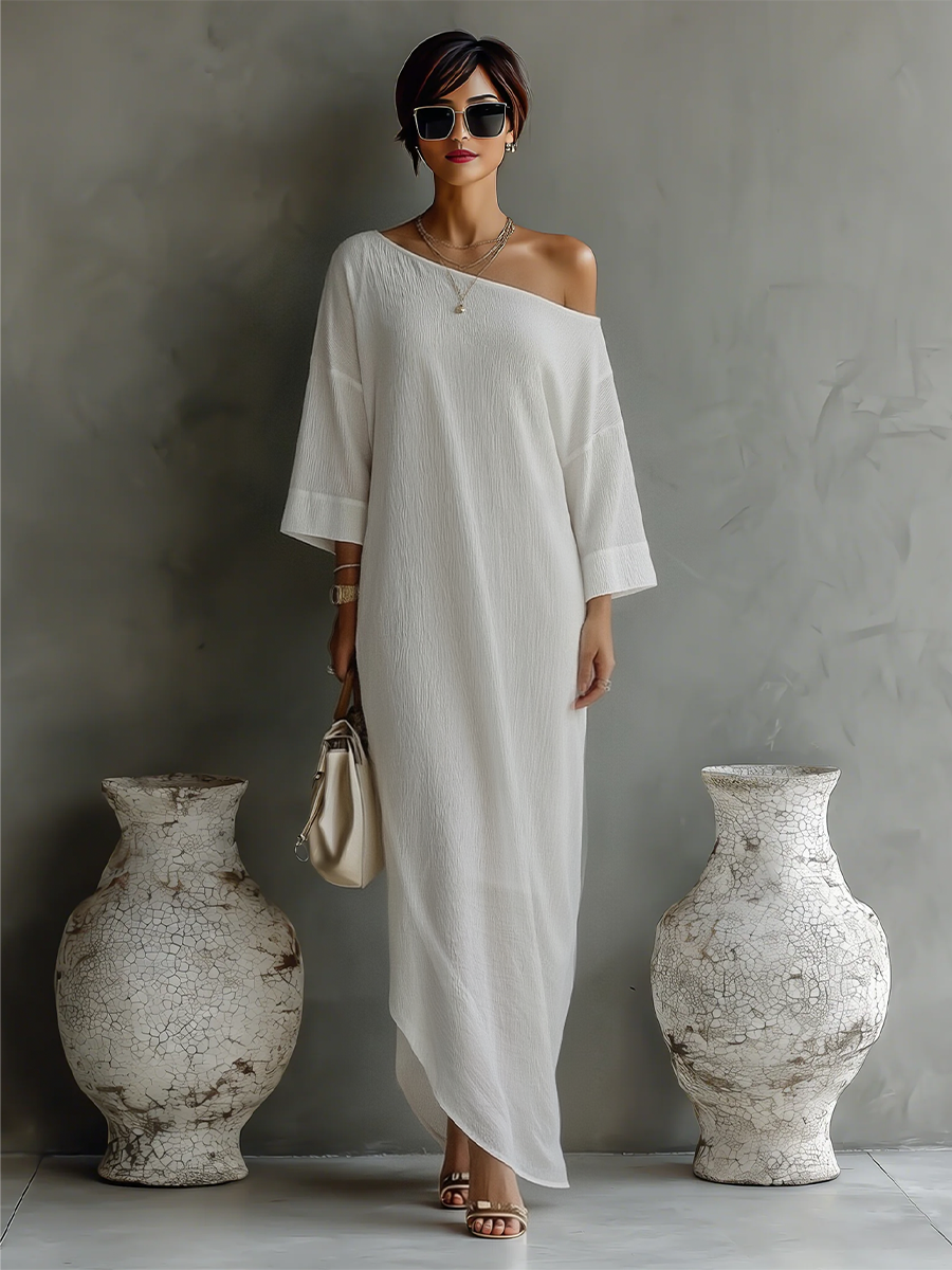 Ivory White Cotton-Linen Blend One-Shoulder Dress Women UK – Wedding Guest Garden Party Evening Gown