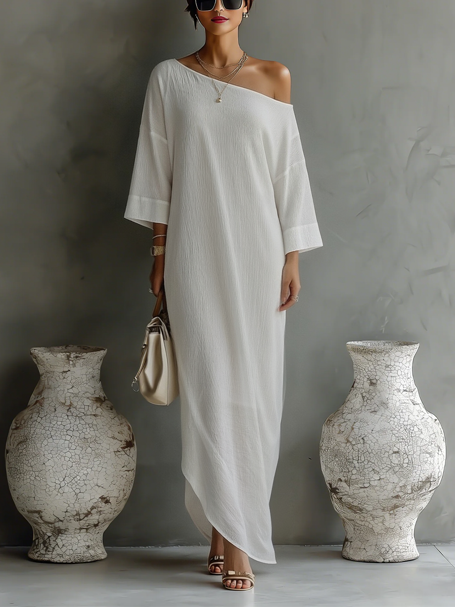 Ivory White Cotton-Linen Blend One-Shoulder Dress Women UK – Wedding Guest Garden Party Evening Gown