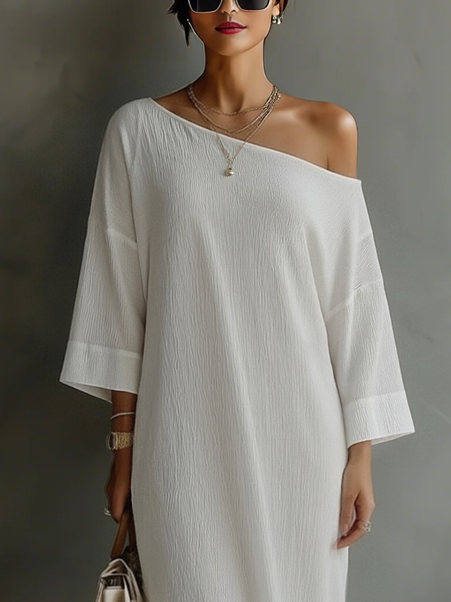 Ivory White Cotton-Linen Blend One-Shoulder Dress Women UK – Wedding Guest Garden Party Evening Gown