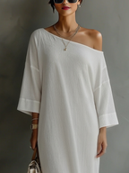Ivory White Cotton-Linen Blend One-Shoulder Dress Women UK – Wedding Guest Garden Party Evening Gown