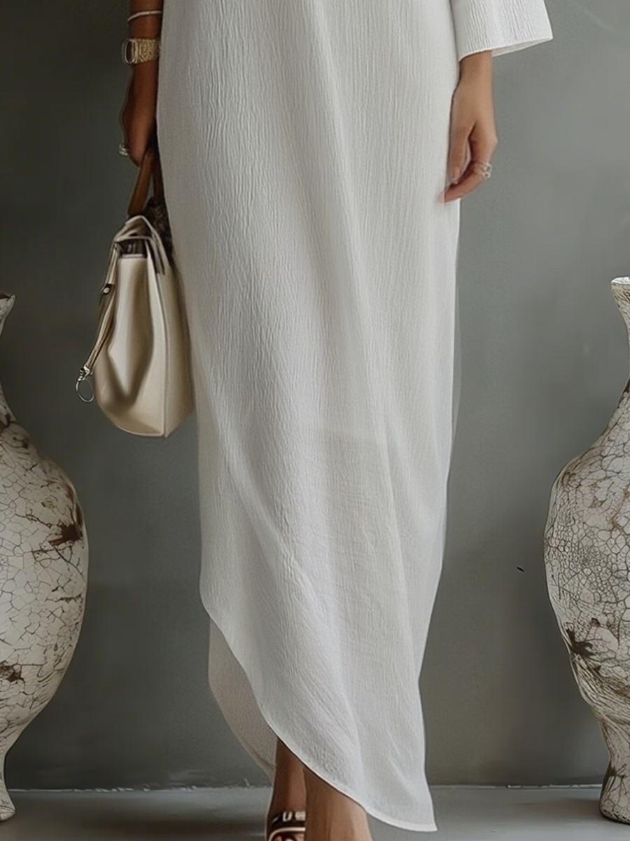 Ivory White Cotton-Linen Blend One-Shoulder Dress Women UK – Wedding Guest Garden Party Evening Gown