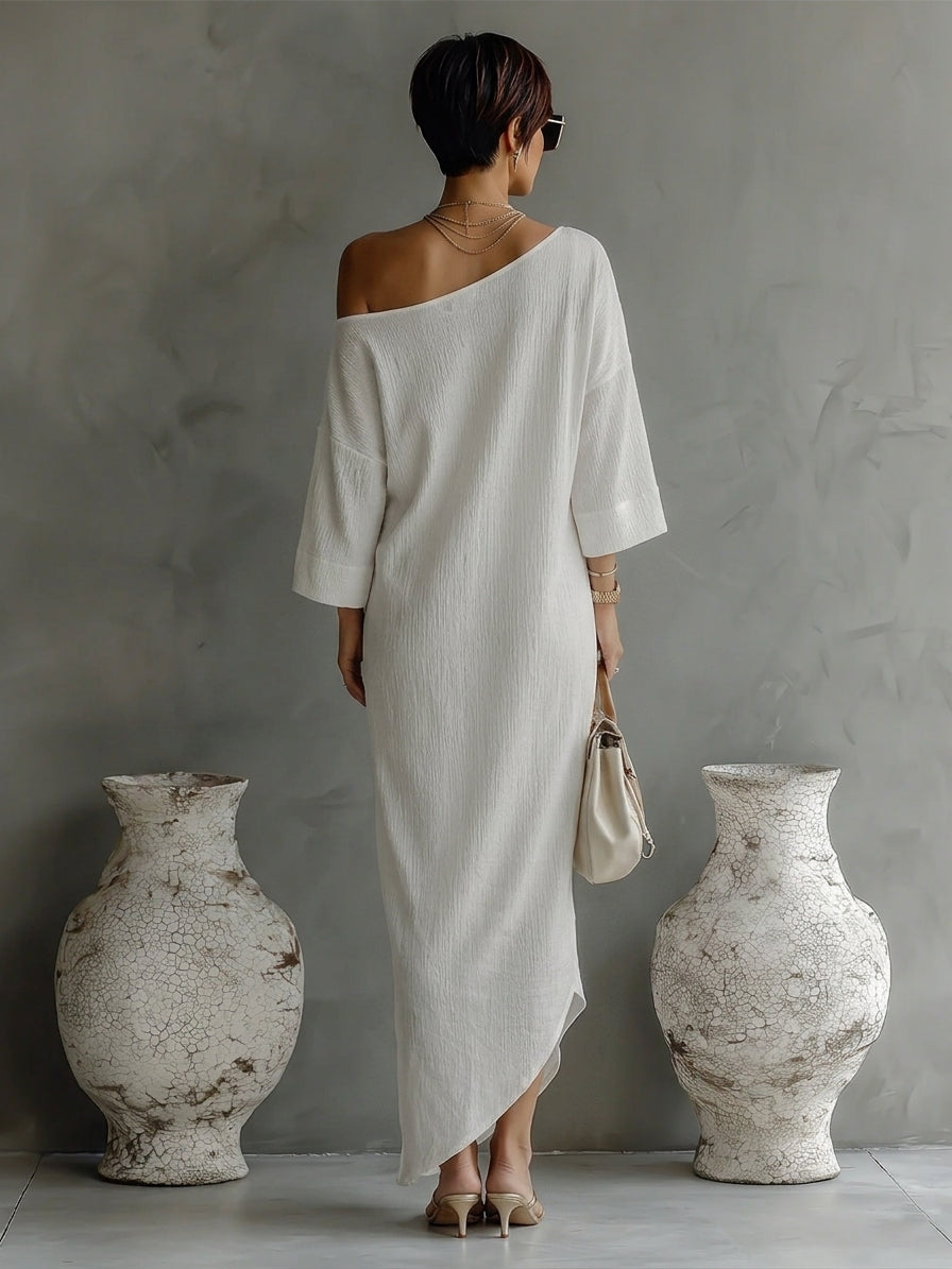 Ivory White Cotton-Linen Blend One-Shoulder Dress Women UK – Wedding Guest Garden Party Evening Gown
