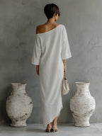 Ivory White Cotton-Linen Blend One-Shoulder Dress Women UK – Wedding Guest Garden Party Evening Gown
