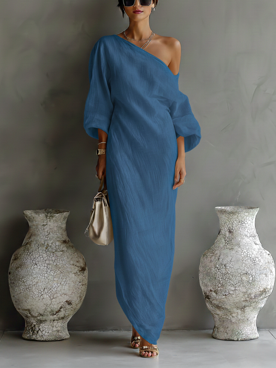 Ivory White Cotton-Linen Blend One-Shoulder Dress Women UK – Wedding Guest Garden Party Evening Gown
