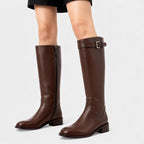 Knee High Leather Boots for Women with Buckle Detail - Block Heel Zip Design for Casual or Dressy Wear