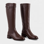 Knee High Leather Boots for Women with Buckle Detail - Block Heel Zip Design for Casual or Dressy Wear