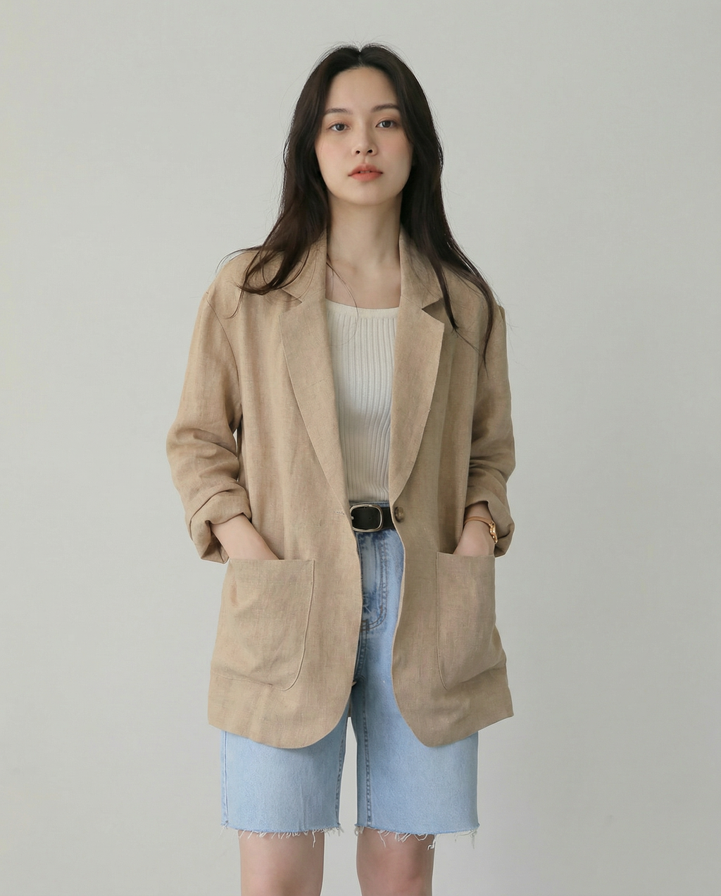 Korean Herringbone Blazer - Casual Loose Fit - Lightweight Spring/Summer Wear