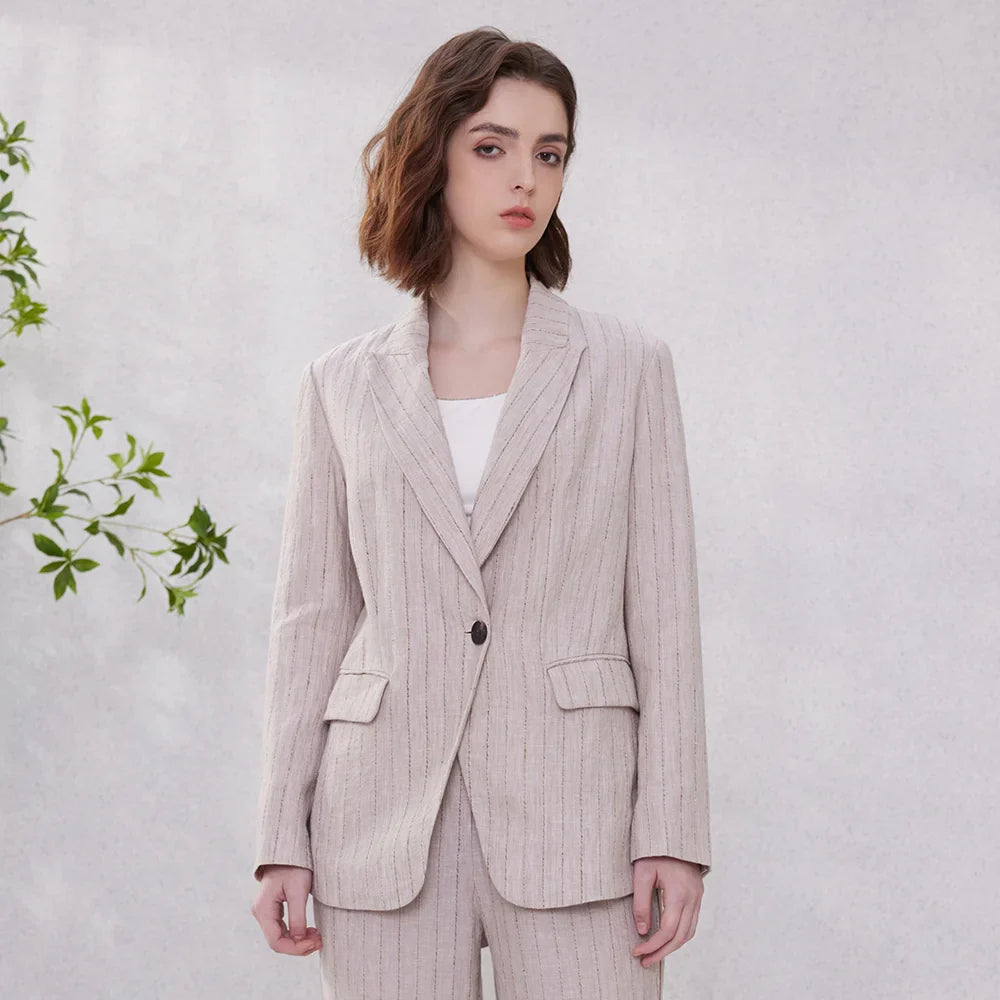 Linen Blazer Suit with Stripe Design for Office Wear and Professional Attire