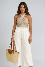 Linen Blend Crisscross Halter Crop Top for Casual Summer Outfits