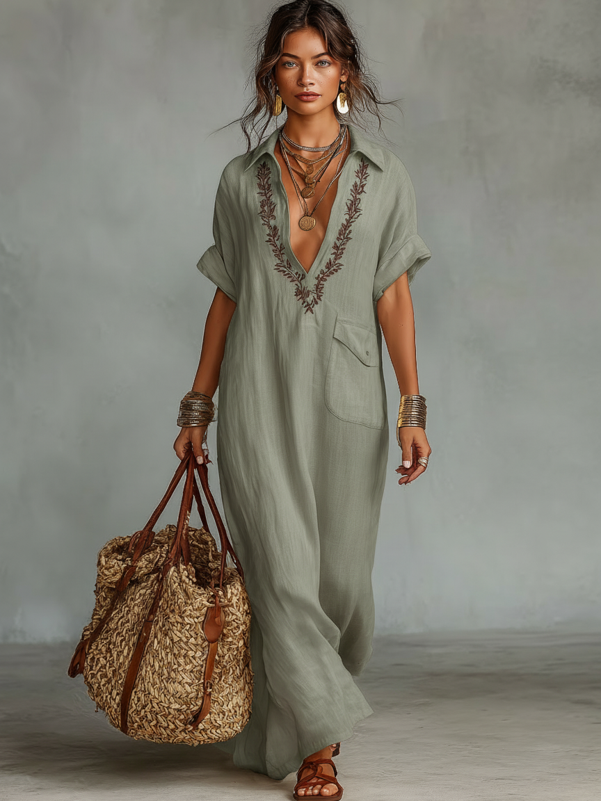 Linen Blend Embroidered Maxi Dress Women UK – Short-sleeved Shirt Dress, Wedding Guest & Garden Party