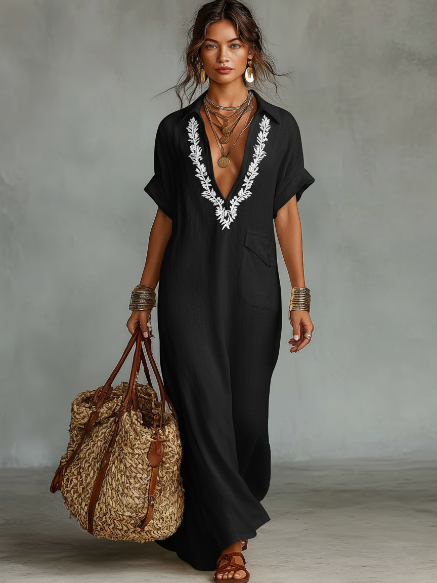 Linen Blend Embroidered Maxi Dress Women UK – Short-sleeved Shirt Dress, Wedding Guest & Garden Party