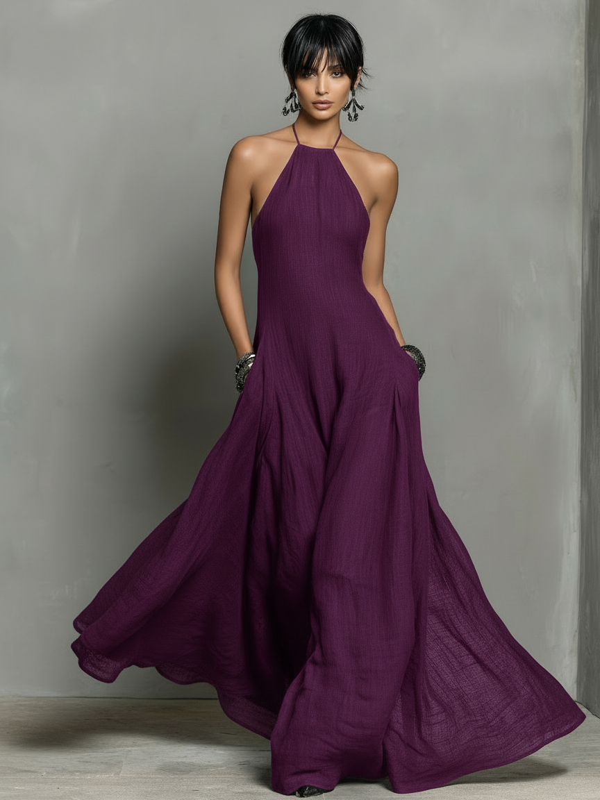 Linen Blend Halter Neck Sleeveless Maxi Dress Women UK – Wedding Guest Garden Party Evening Gown, Cocktail Attire