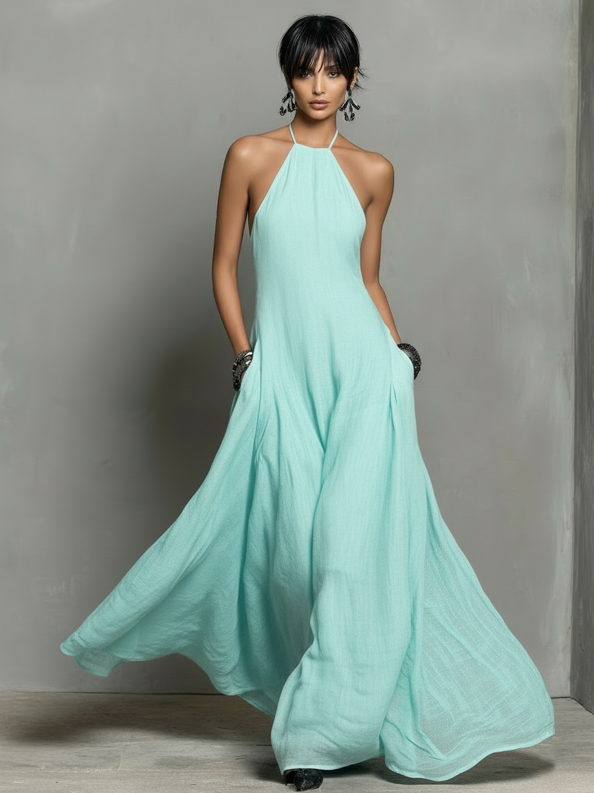 Linen Blend Halter Neck Sleeveless Maxi Dress Women UK – Wedding Guest Garden Party Evening Gown, Cocktail Attire